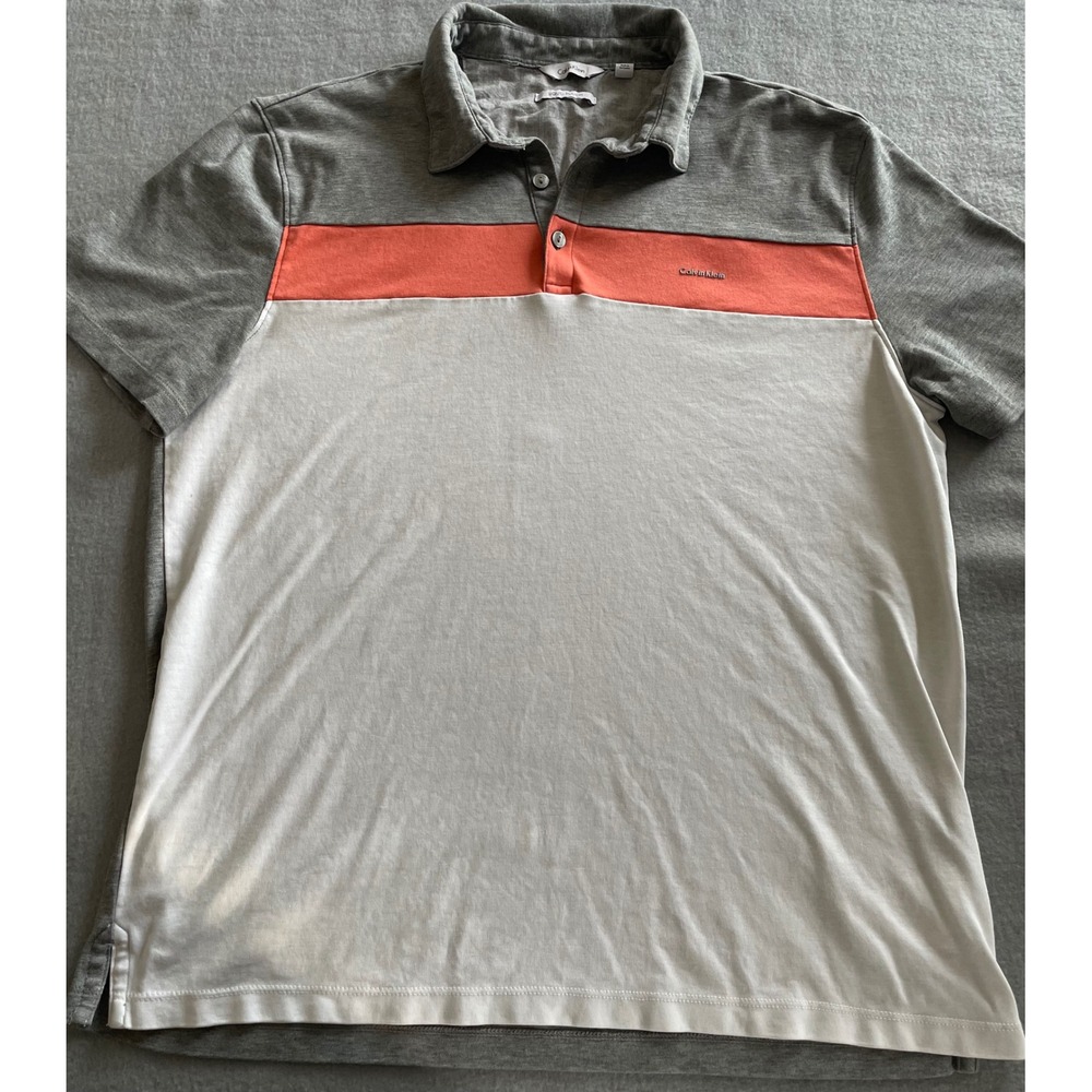Calvin Klein Mens Liquid Touch‎ Polo Shirt Large Grey Orange White Colorblock L